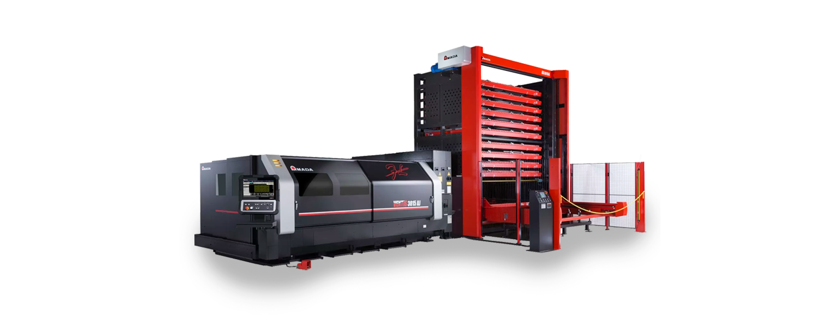 Impianto AMADA VENTIS 3015 AJ con magazzino automatico per taglio laser CNC lamiera con automazione e precisione.